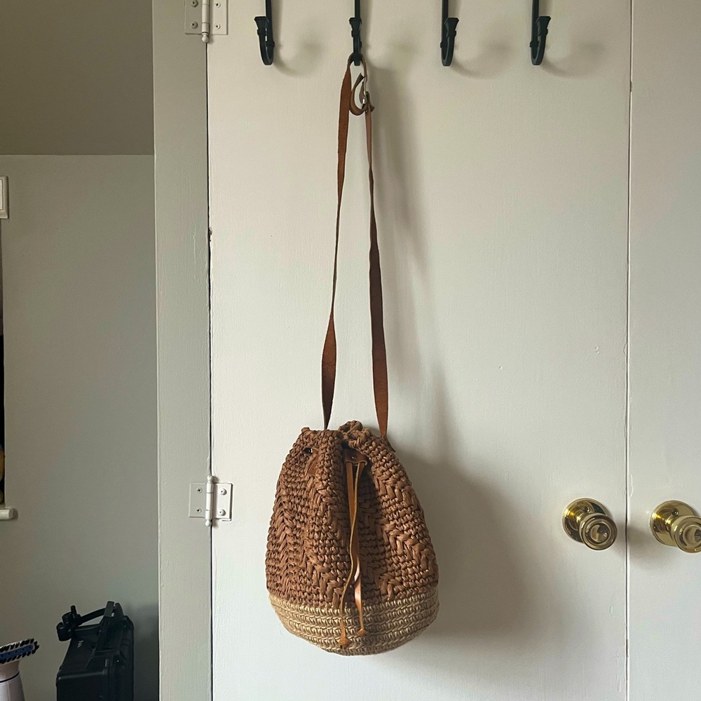 Woven Tan Leather and Jute Bucket Bag